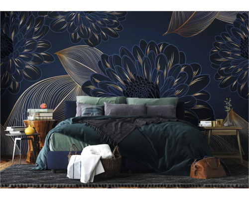 Chambre à coucher avec papier peint photo floral, lit et tables de chevet