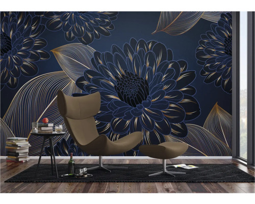 Salon avec papier peint photo floral, fauteuil et tapis