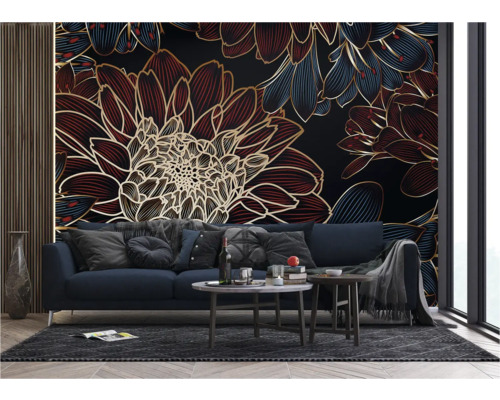 Wohnzimmer mit Sofa und florale Fototapete