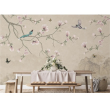 Image murale décorative avec des fleurs, des oiseaux et un arrangement de table pour un intérieur élégant