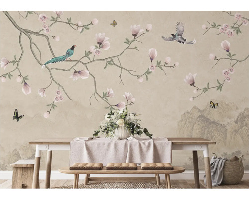 Image murale décorative avec des fleurs, des oiseaux et un arrangement de table pour un intérieur élégant