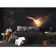 Chambre à coucher avec papier peint photo motif spatial, lit et tables de chevet