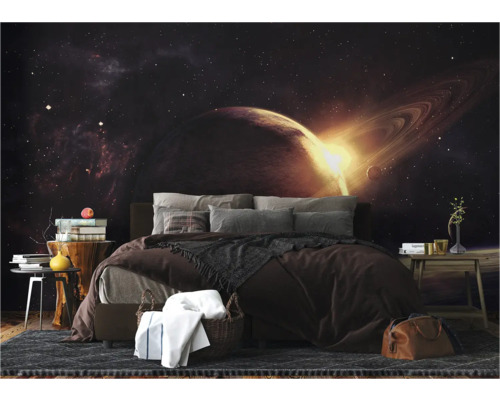 Chambre à coucher avec papier peint photo motif spatial, lit et tables de chevet