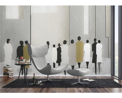 Salon avec fauteuil moderne et peinture murale de personnes