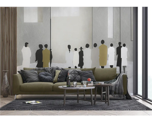 Salon moderne avec canapé, tables basses et décoration murale