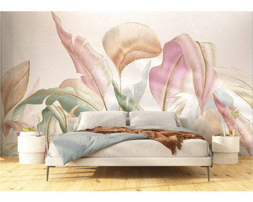 Chambre à coucher avec lit et revêtement mural à motif floral de feuilles