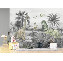 Dekoratives Kinderzimmer mit Dinosaurier-Tapete, die eine prähistorische Szene darstellt