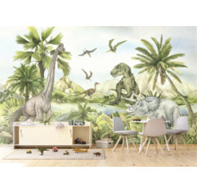 Kinderzimmer mit Dinosaurier-Tapete, Schrank und Spielzeug
