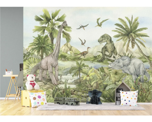 Dinosaurier-Fototapete im Kinderzimmer mit Brachiosaurus, Tyrannosaurus und Triceratops