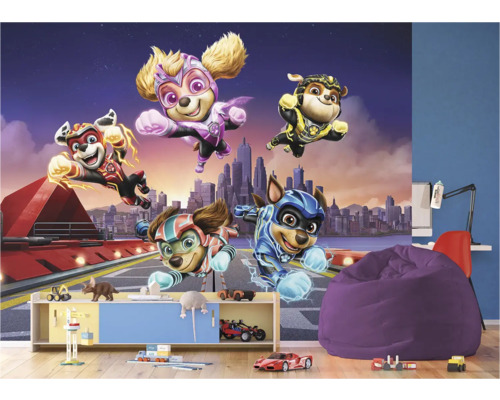 Kinderzimmer mit Paw Patrol Wandbild und Möbeln