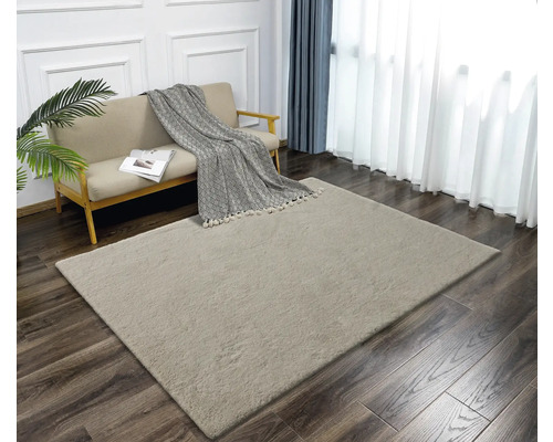 Innenaufnahme eines Wohnzimmers mit beigem Teppich, Sofa, Vorhängen und Holzboden