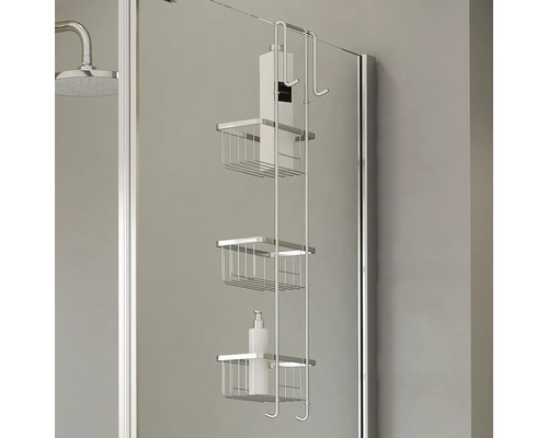 Duschregal aus Metall mit drei Ablagekörben zur Aufhängung an einer Duschkabine