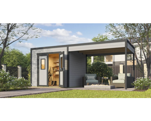 Abri de jardin avec annexe, mobilier de jardin et décoration dans le jardin