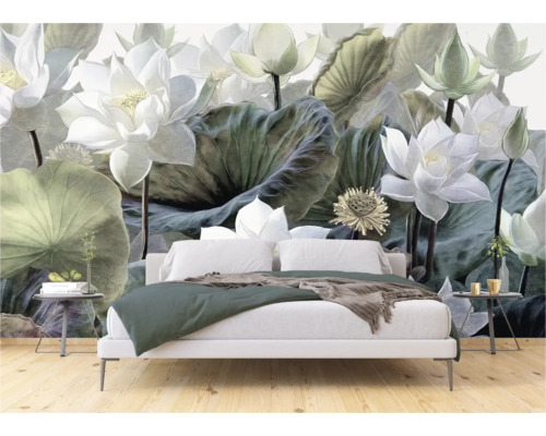 Chambre à coucher avec papier peint photo à motif floral de fleurs de lotus