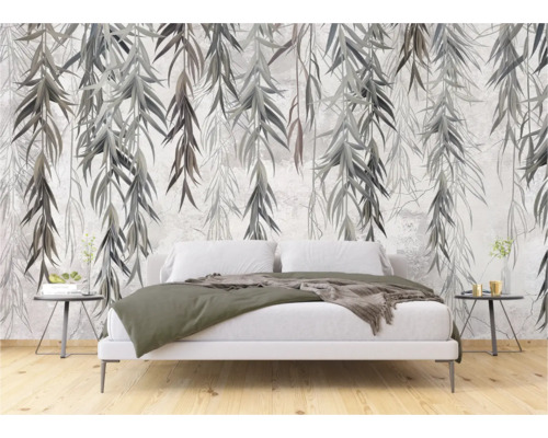 Chambre à coucher avec papier peint photo à motif de feuilles