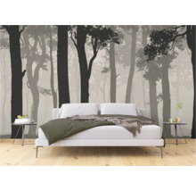 Chambre avec papier peint forêt et lit moderne