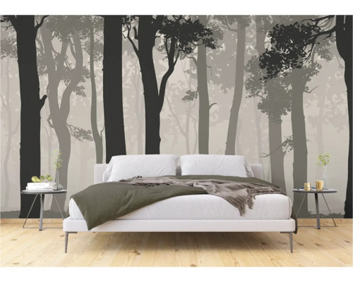 Chambre avec papier peint forêt et lit moderne
