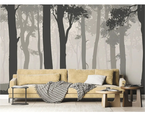Salon avec canapé et papier peint photo avec motif de forêt