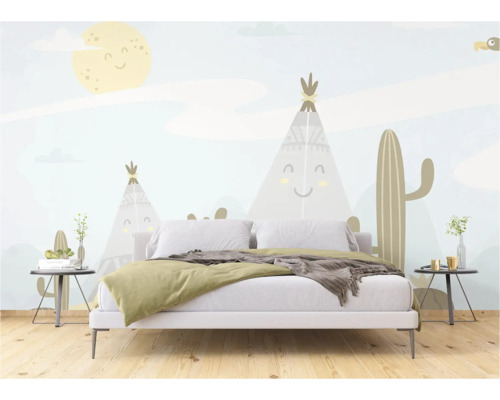 Chambre à coucher avec fresque murale avec des tipis et des cactus