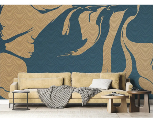 Salon avec canapé et papier peint mural à motif abstrait