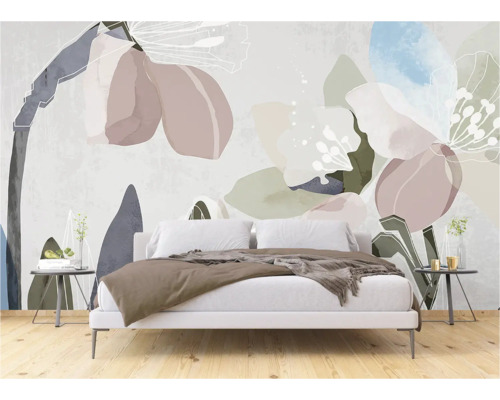 Chambre avec papier peint à motif floral abstrait