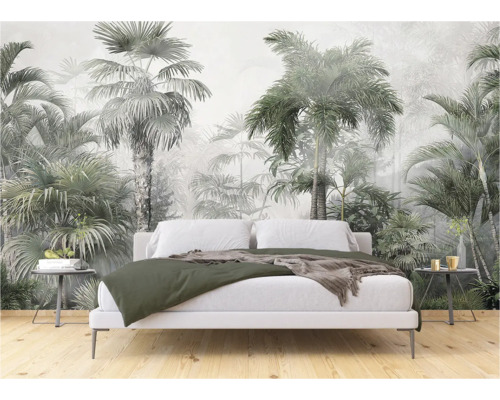 Chambre à coucher avec papier peint photo forêt vierge et lit blanc