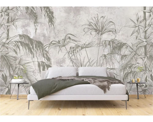 Chambre avec papier peint à motif de jungle