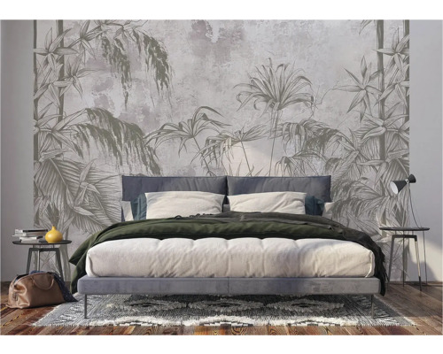 Chambre à coucher avec papier peint jungle derrière le lit