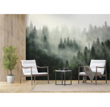 Wohnraum mit Fototapete, die einen nebligen Wald zeigt, zwei Sesseln und einem kleinen Tisch
