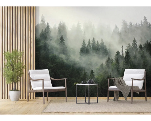 Wohnraum mit Fototapete, die einen nebligen Wald zeigt, zwei Sesseln und einem kleinen Tisch