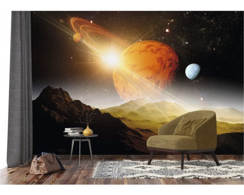 Salon avec papier peint photo représentant un paysage planétaire