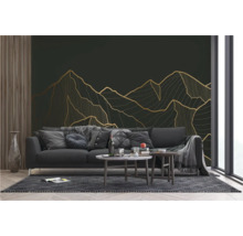 Salon avec canapé, table basse et papier peint mural avec motif de montagne