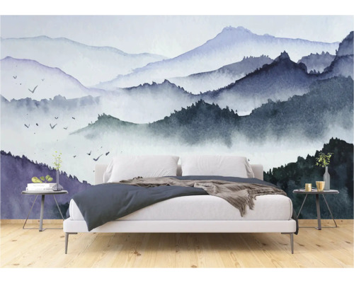 Chambre avec un papier peint photo représentant des montagnes