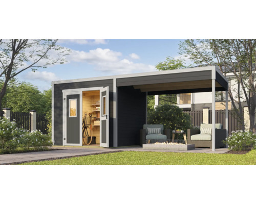 Abri de jardin avec annexe, porte ouverte et installation pour vélos