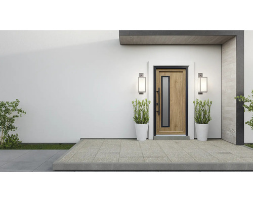 Porte d'entrée moderne avec insert en verre, flanquée de deux luminaires extérieurs et de pots de fleurs.