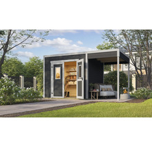 Abri de jardin avec annexe et portes ouvertes dans l'espace extérieur