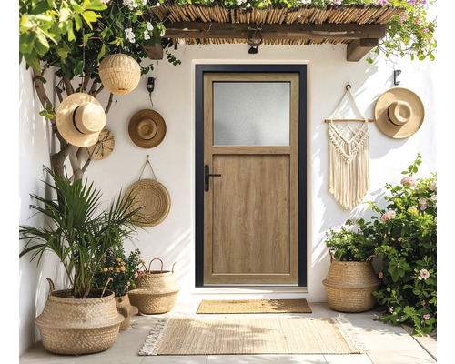 Eingangsbereich mit Tür, Pflanzen und dekorativen Elementen für den Aussenbereich