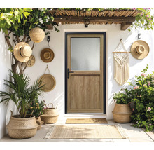 Espace d'entrée avec porte, plantes et décorations