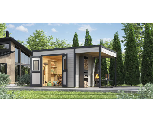 Abri de jardin avec remise à outils, étagères, stockage du bois et cheminée extérieure