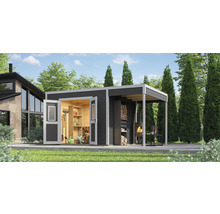 Gartenhaus mit Geräteschuppen, Holzlager und überdachter Terrasse