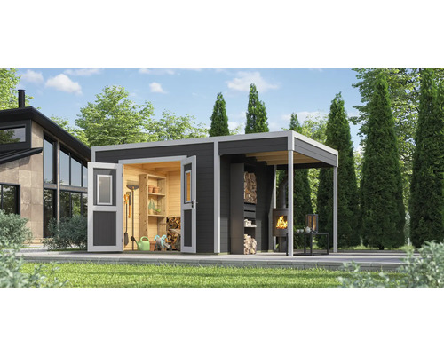 Gartenhaus mit Geräteschuppen, Holzlager und überdachter Terrasse