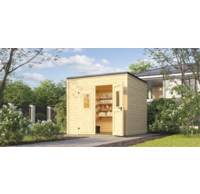 Gartenhaus aus Holz mit geöffneter Doppeltür und Regalen