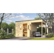Abri de jardin avec annexe et porte ouverte dans le jardin
