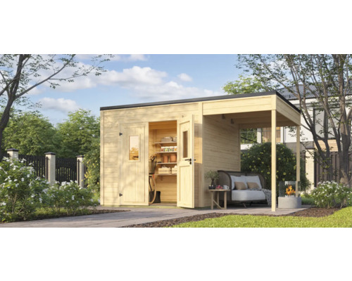 Abri de jardin en bois avec annexe ouverte, aménagement intérieur et mobilier de jardin à l'extérieur