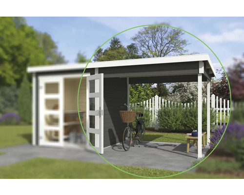 Dachanbau Gartenhaus Outdoor Life Zambezi 200 x 250 cm graugrün Holzgartenhaus mit überdachter Terrasse und Fahrrad