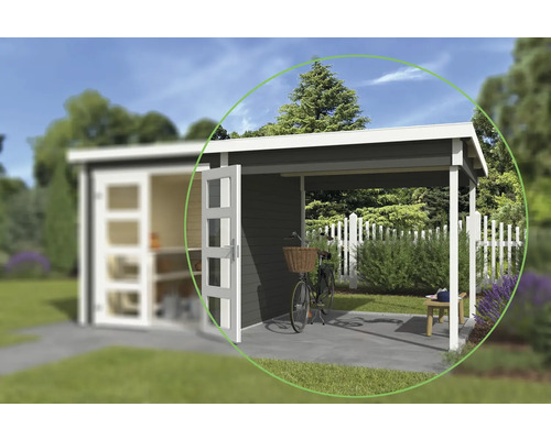 Dachanbau Gartenhaus Outdoor Life Zambezi 250 x 250 cm graugrün Gartenhaus mit überdachter Terrasse und Fahrrad