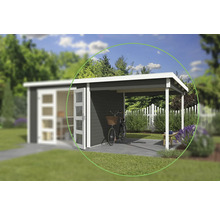 Gartenhaus mit Unterstand und Fahrrad im Garten