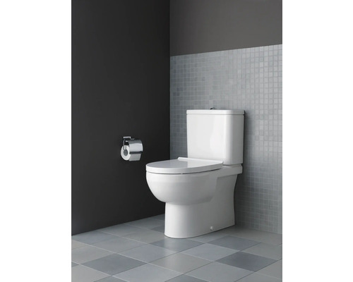 Weißes Stand-WC mit Spülkasten und Toilettenpapierhalter im Badezimmer.