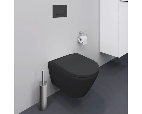WC suspendu noir avec porte-papier toilette et brosse de toilette