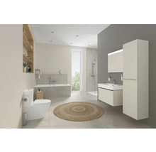 Salle de bains moderne avec baignoire, douche, lavabo, armoire de toilette, armoire haute et toilettes